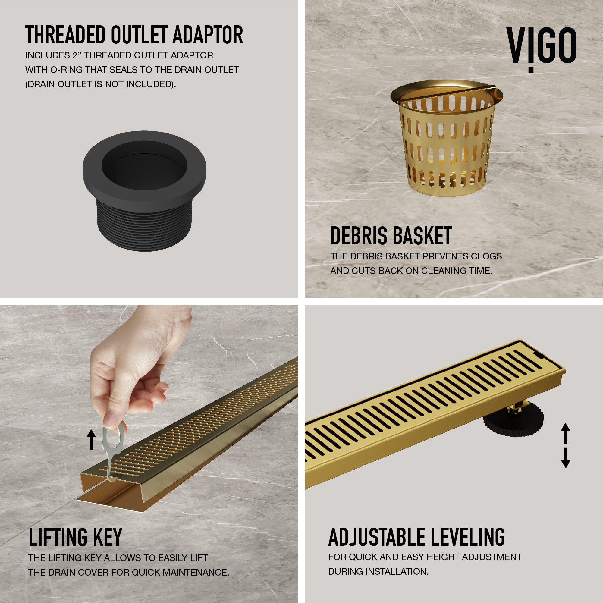 VIGO Elan Linear Shower Drain, Matte Brushed Gold, 36"