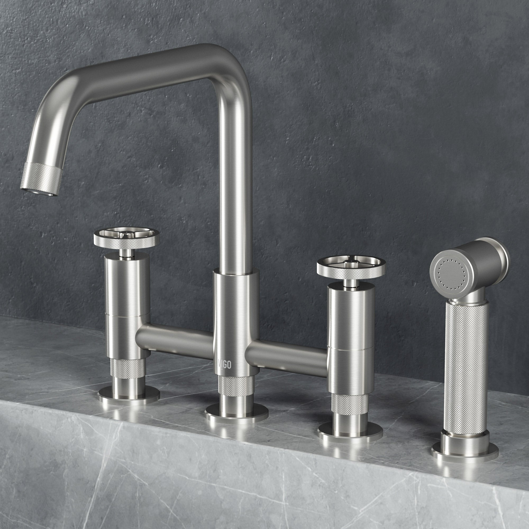 VIGO Cass 12" H 2-Handle Widespread Bridge Pull-Out Sprayer Kitchen Faucet, Stainless Steel