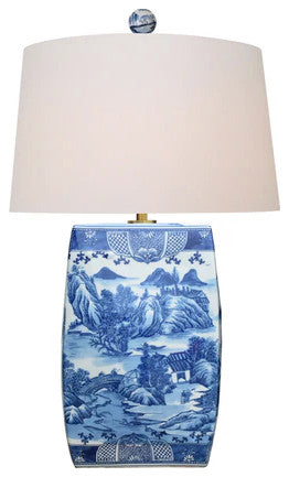 Blue and White Square Blue Willow Porcelain Table Lamp 33"