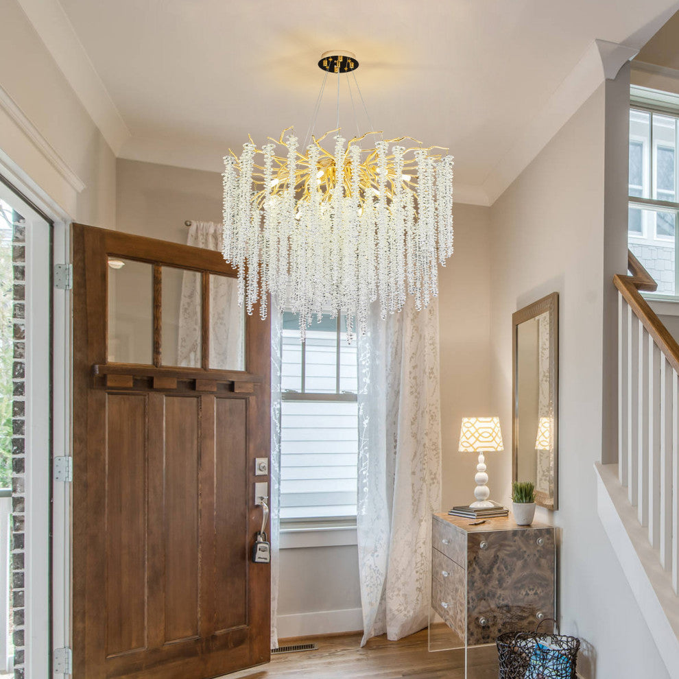 Akari Tree Branch Art Glass Gold Tassels Chandelier Light, D24