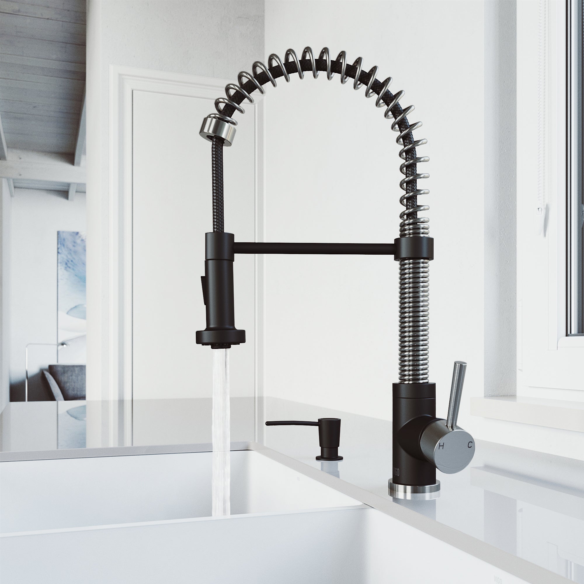 VIGO Edison 19" H Single Handle Pull-Down Sprayer Kitchen Faucet, Stainless Steel/Matte Black, No Sensor, With Soap Dispenser
