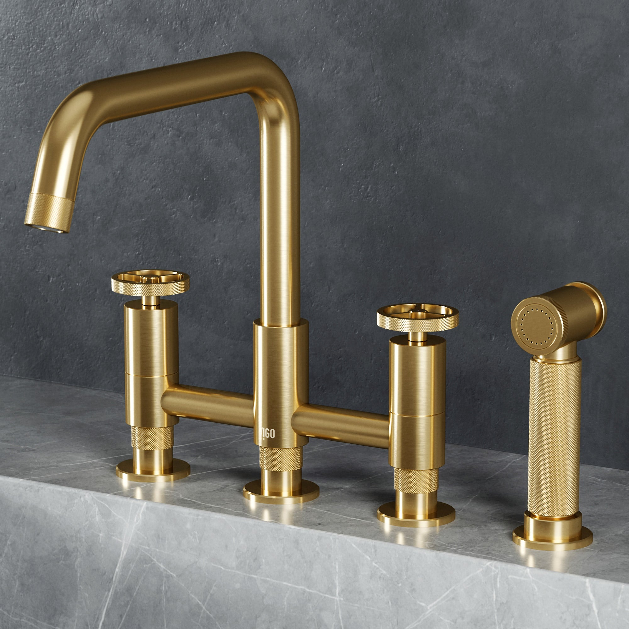 VIGO Cass 12" H 2-Handle Widespread Bridge Pull-Out Sprayer Kitchen Faucet, Matte Brushed Gold