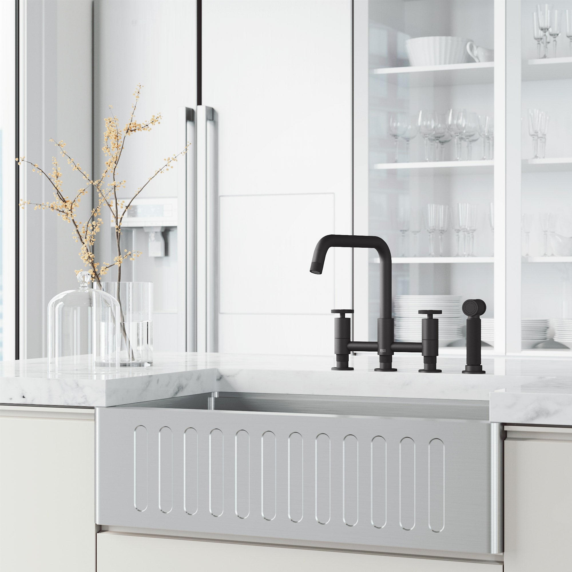 VIGO Cass 12" H 2-Handle Widespread Bridge Pull-Out Sprayer Kitchen Faucet, Matte Black