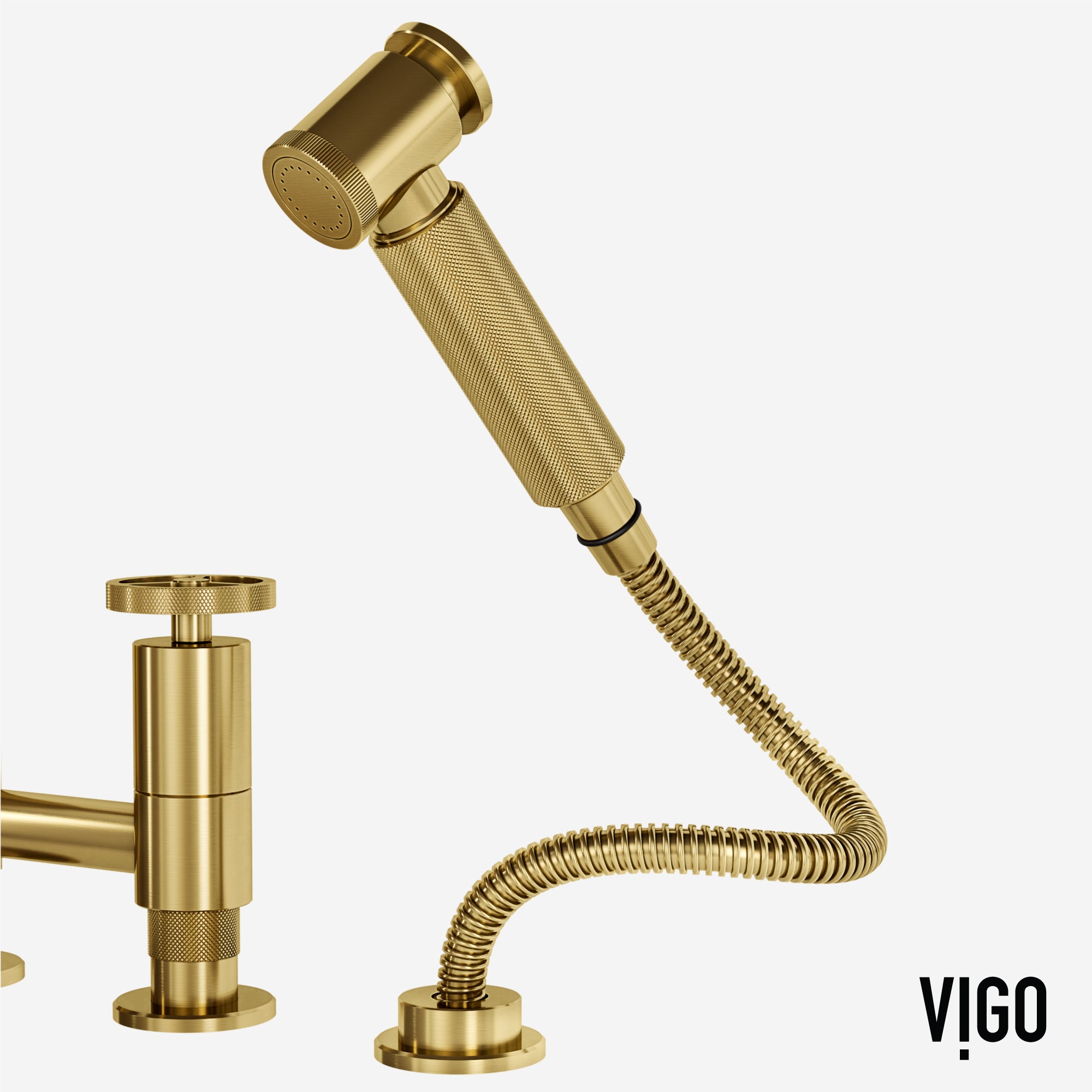 VIGO Cass 12" H 2-Handle Widespread Bridge Pull-Out Sprayer Kitchen Faucet, Matte Brushed Gold