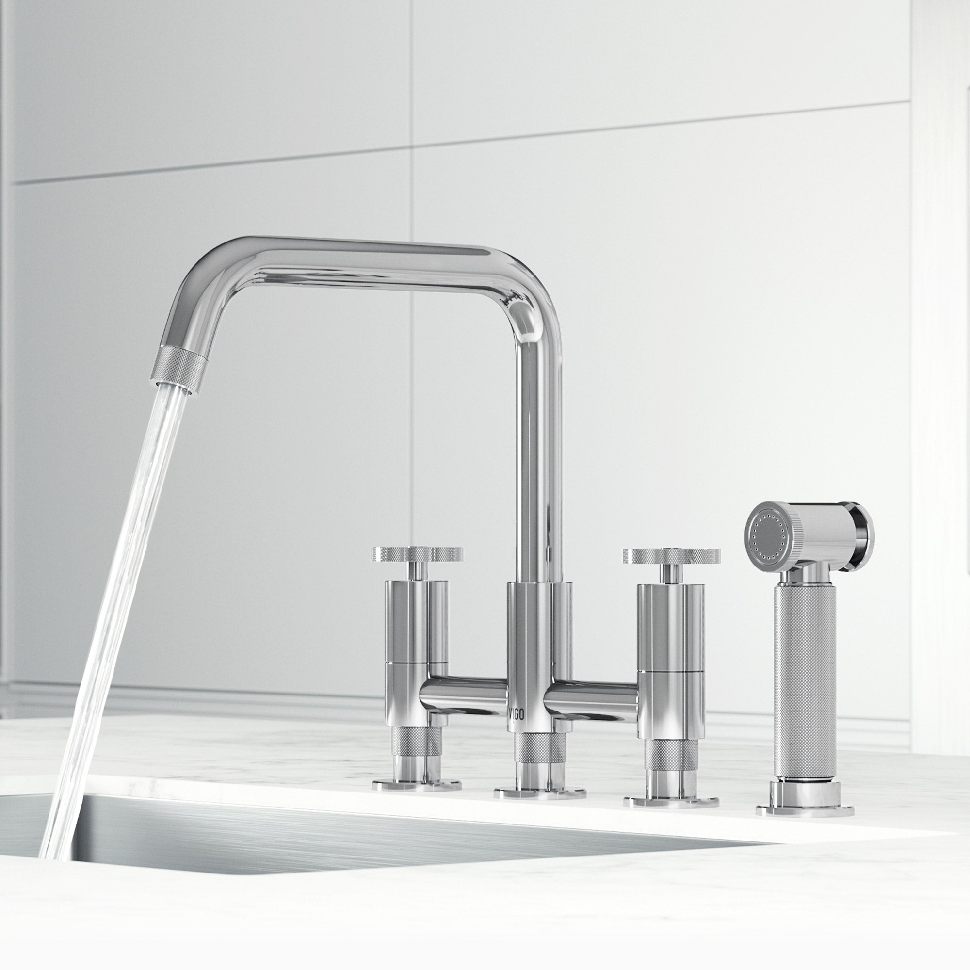 VIGO Cass 12" H 2-Handle Widespread Bridge Pull-Out Sprayer Kitchen Faucet, Chrome
