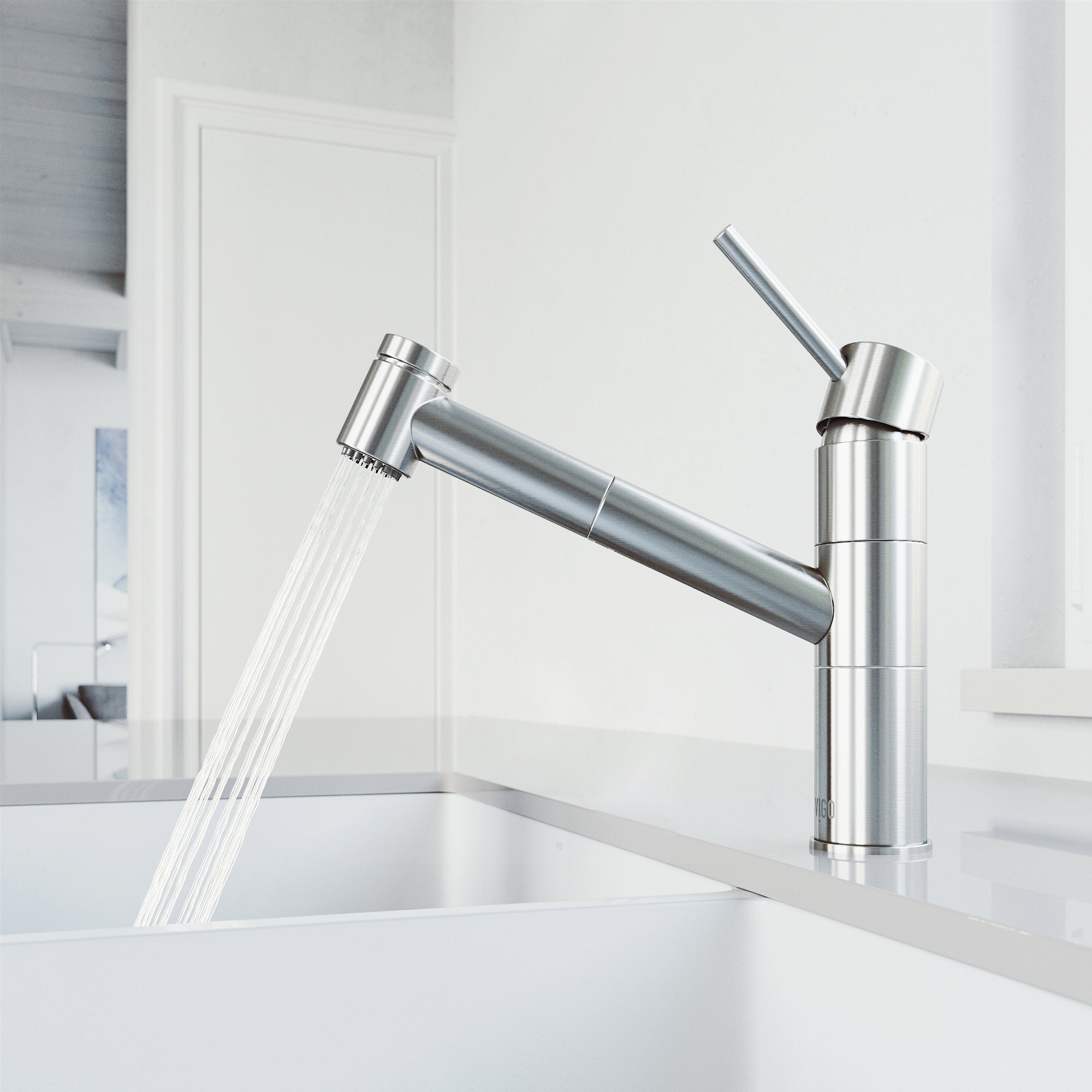 VIGO Branson 9" H Single Handle Pull-Out Sprayer Kitchen Faucet, Stainless Steel, Without Extras