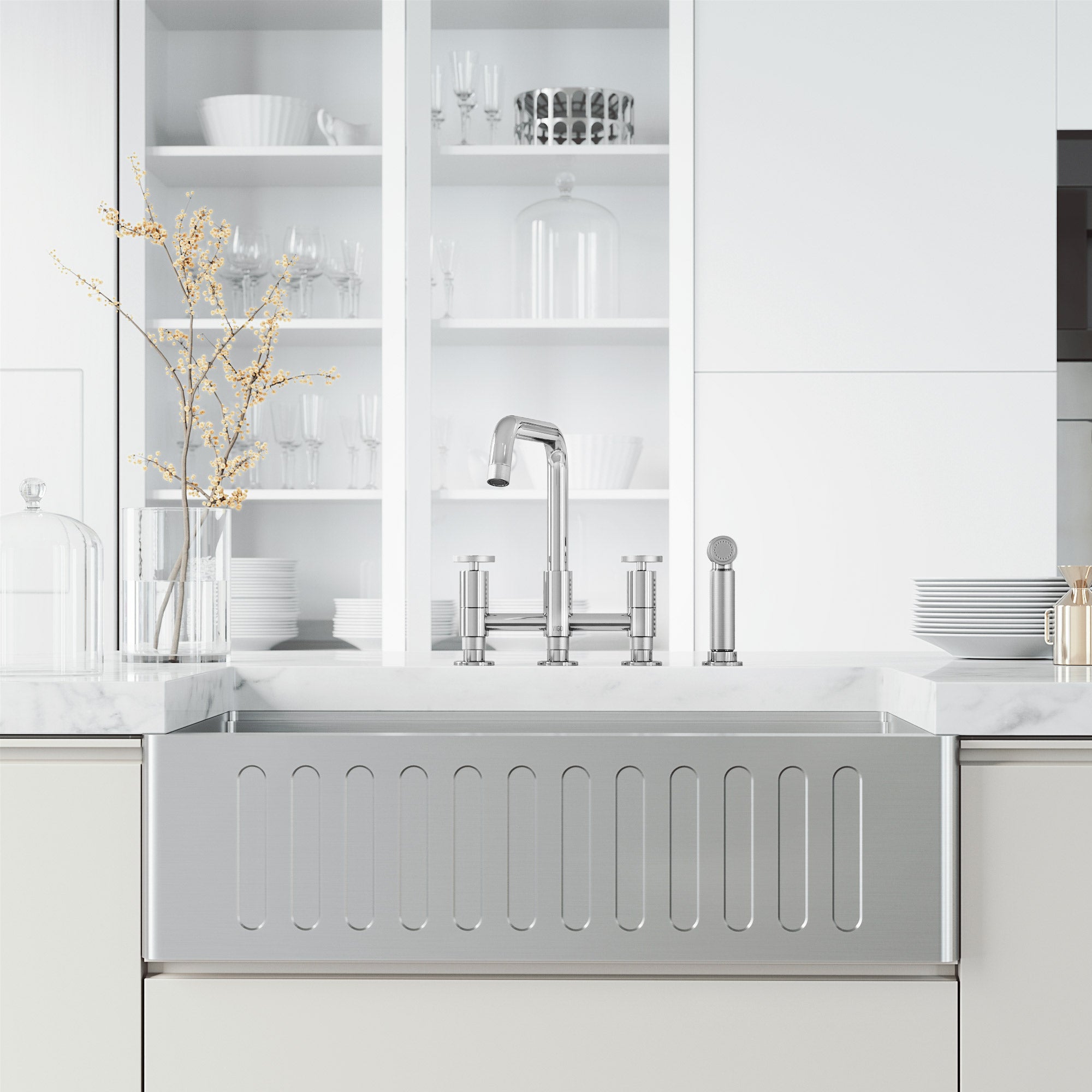 VIGO Cass 12" H 2-Handle Widespread Bridge Pull-Out Sprayer Kitchen Faucet, Chrome