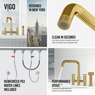 VIGO Cass 12" H 2-Handle Widespread Bridge Pull-Out Sprayer Kitchen Faucet, Matte Brushed Gold
