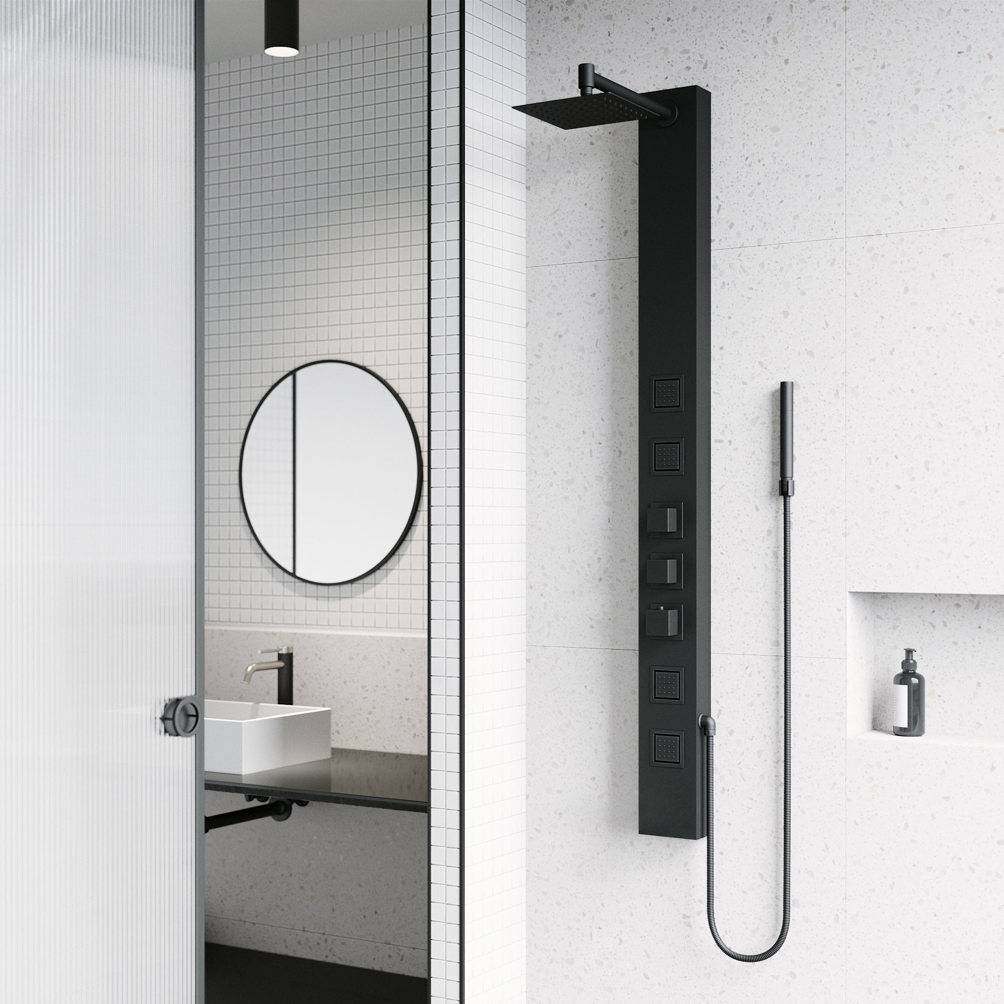Sutton 58" H x 5" W 4-Jet Shower Panel with Square Shower Head, Matte Black