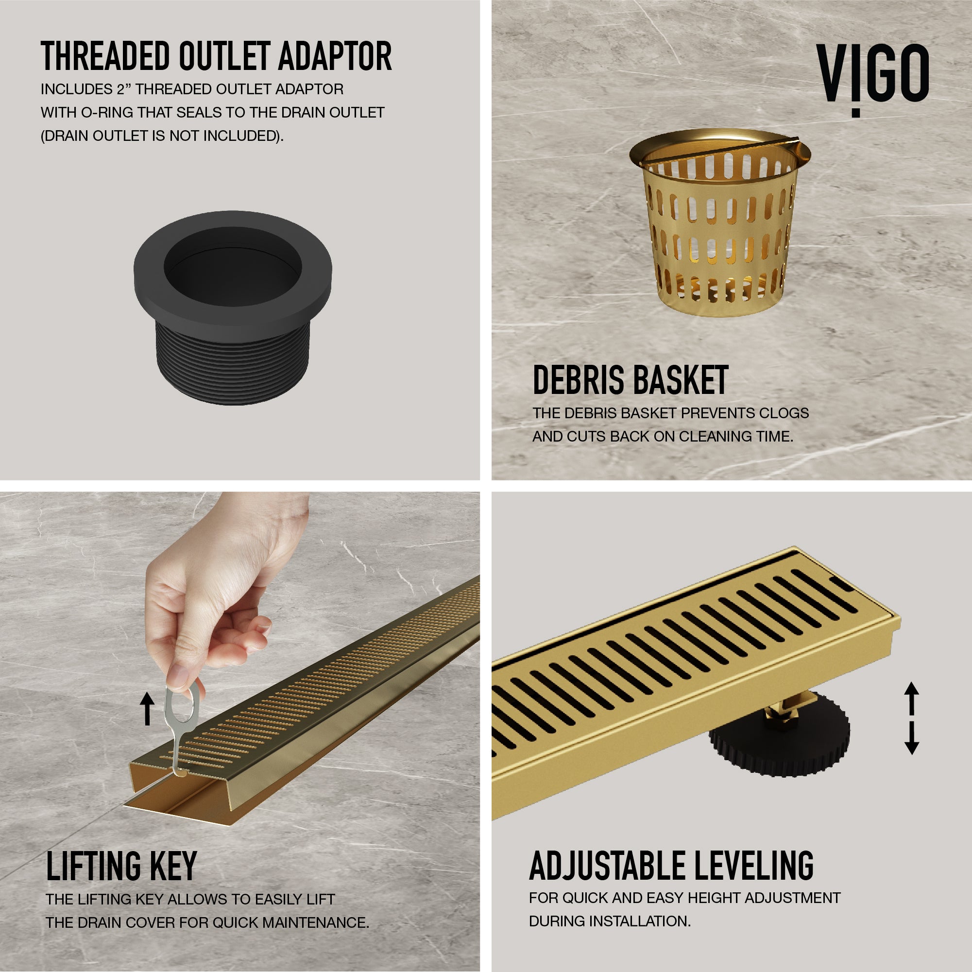 VIGO Elan Linear Shower Drain, Matte Brushed Gold, 24"
