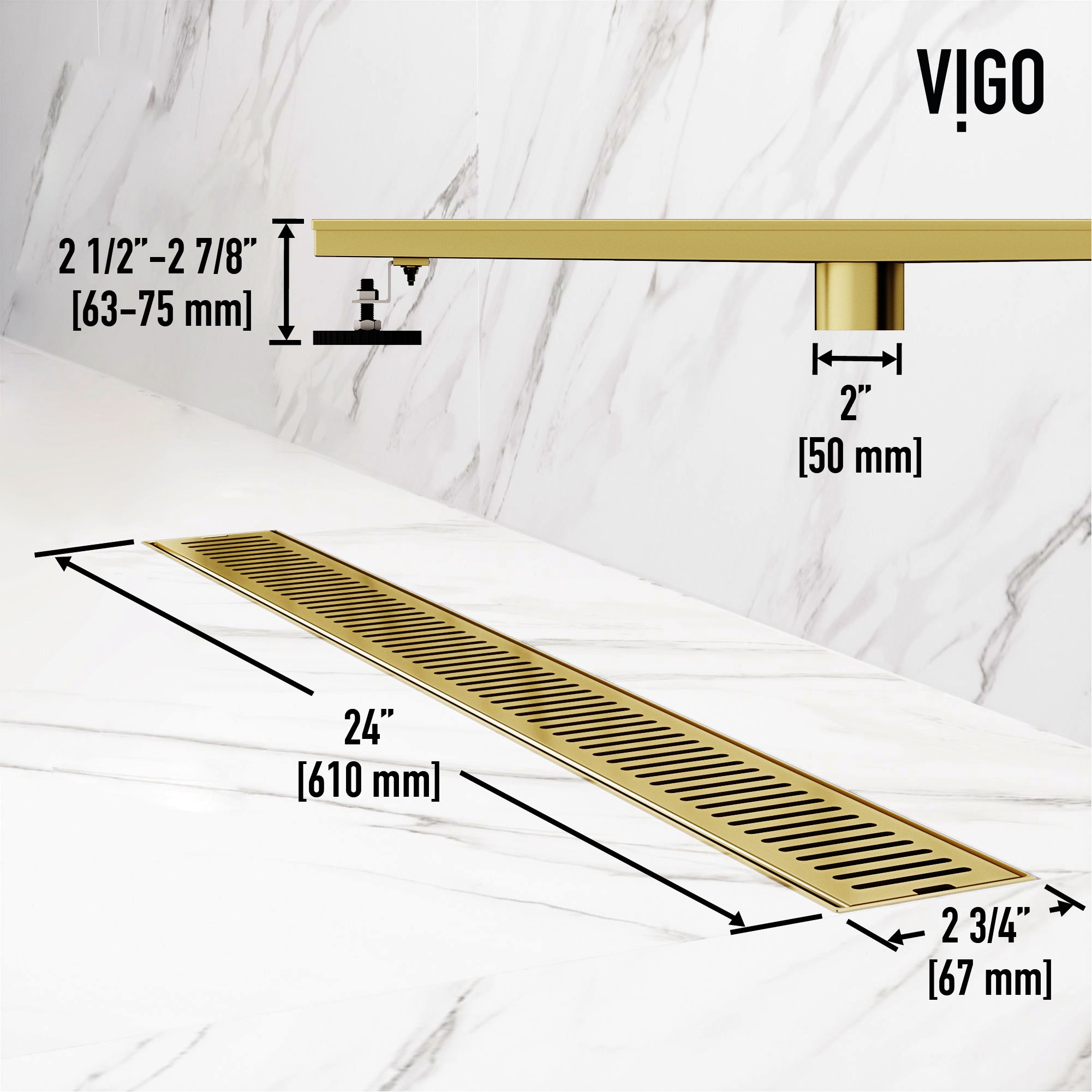 VIGO Elan Linear Shower Drain, Matte Brushed Gold, 24"