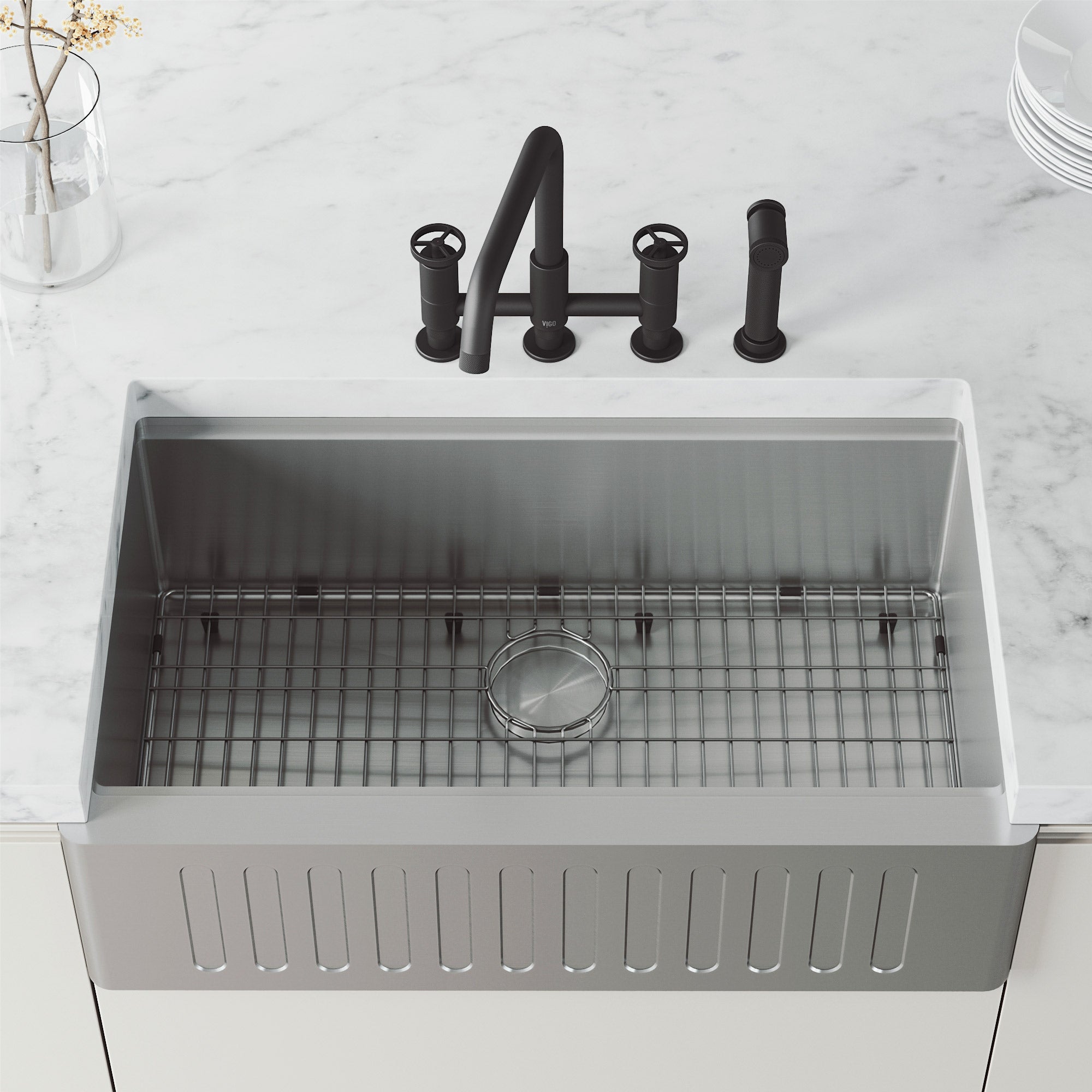 VIGO Cass 12" H 2-Handle Widespread Bridge Pull-Out Sprayer Kitchen Faucet, Matte Black