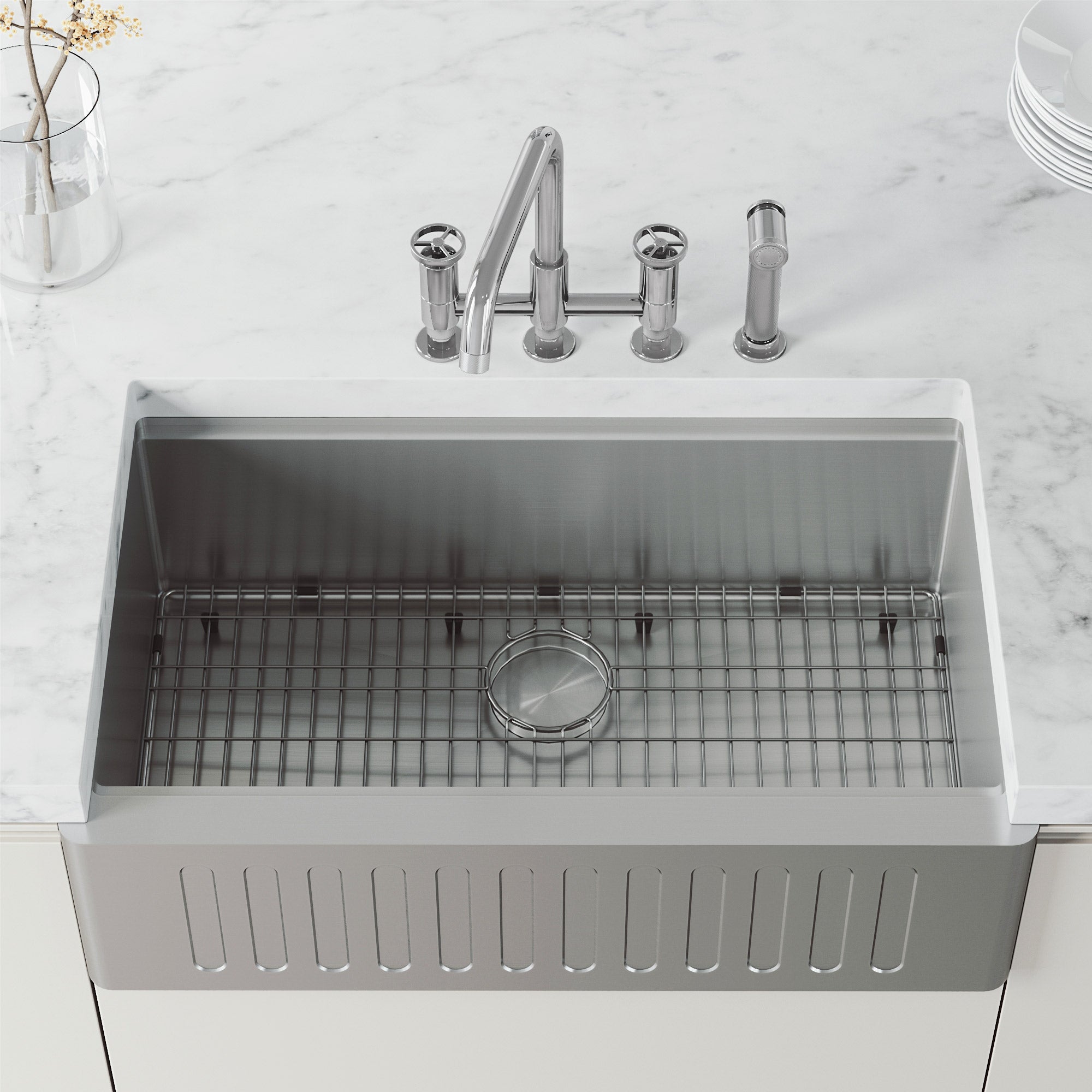 VIGO Cass 12" H 2-Handle Widespread Bridge Pull-Out Sprayer Kitchen Faucet, Chrome