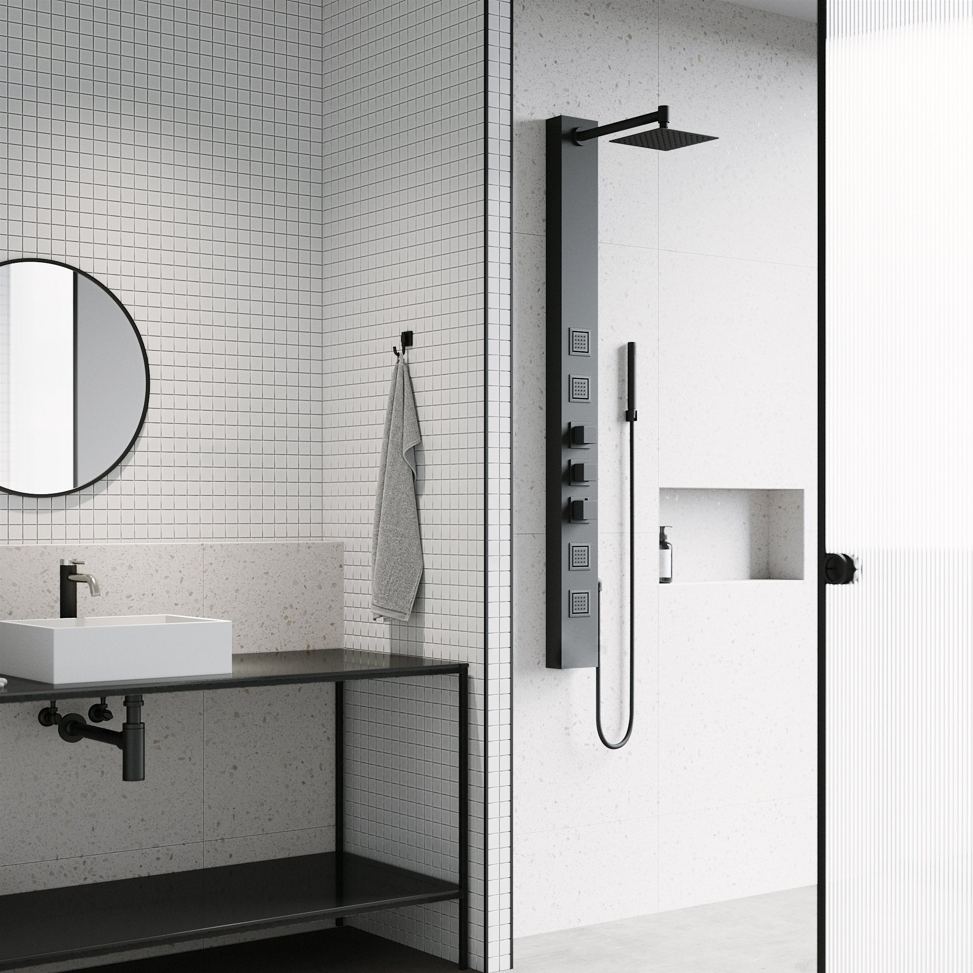 Sutton 58" H x 5" W 4-Jet Shower Panel with Square Shower Head, Matte Black