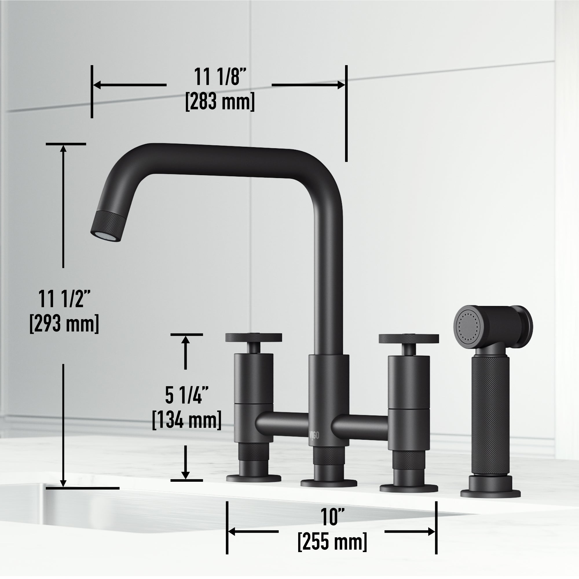 VIGO Cass 12" H 2-Handle Widespread Bridge Pull-Out Sprayer Kitchen Faucet, Matte Black