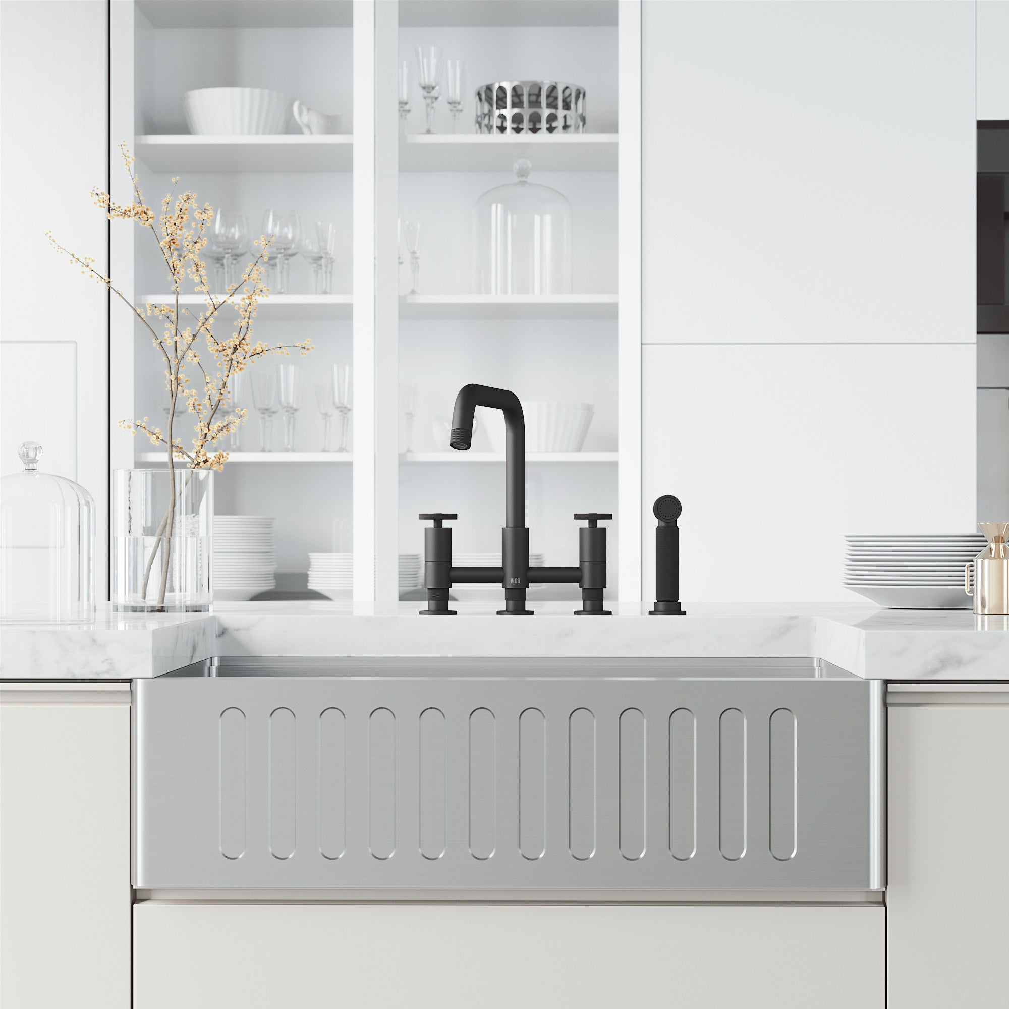 VIGO Cass 12" H 2-Handle Widespread Bridge Pull-Out Sprayer Kitchen Faucet, Matte Black