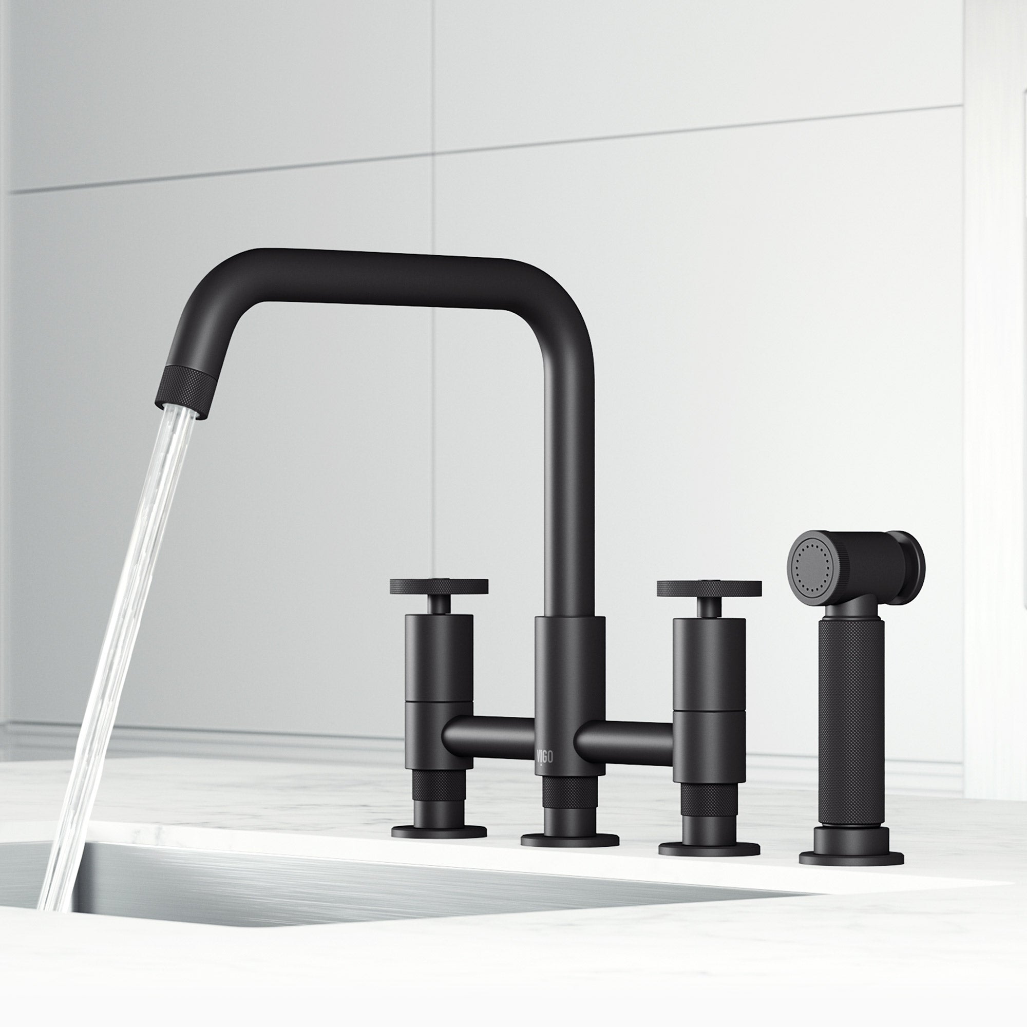 VIGO Cass 12" H 2-Handle Widespread Bridge Pull-Out Sprayer Kitchen Faucet, Matte Black