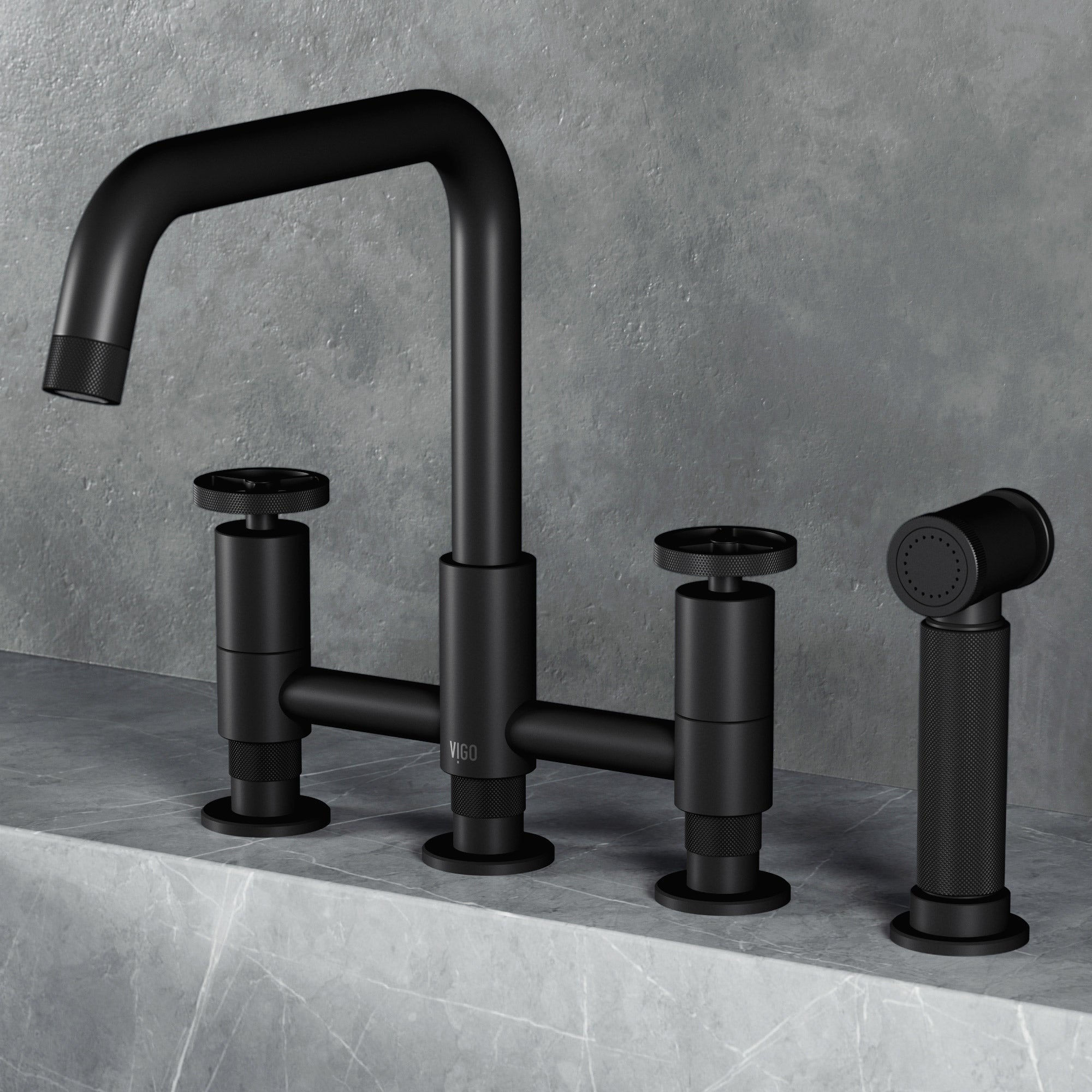 VIGO Cass 12" H 2-Handle Widespread Bridge Pull-Out Sprayer Kitchen Faucet, Matte Black