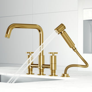 VIGO Cass 12" H 2-Handle Widespread Bridge Pull-Out Sprayer Kitchen Faucet, Matte Brushed Gold