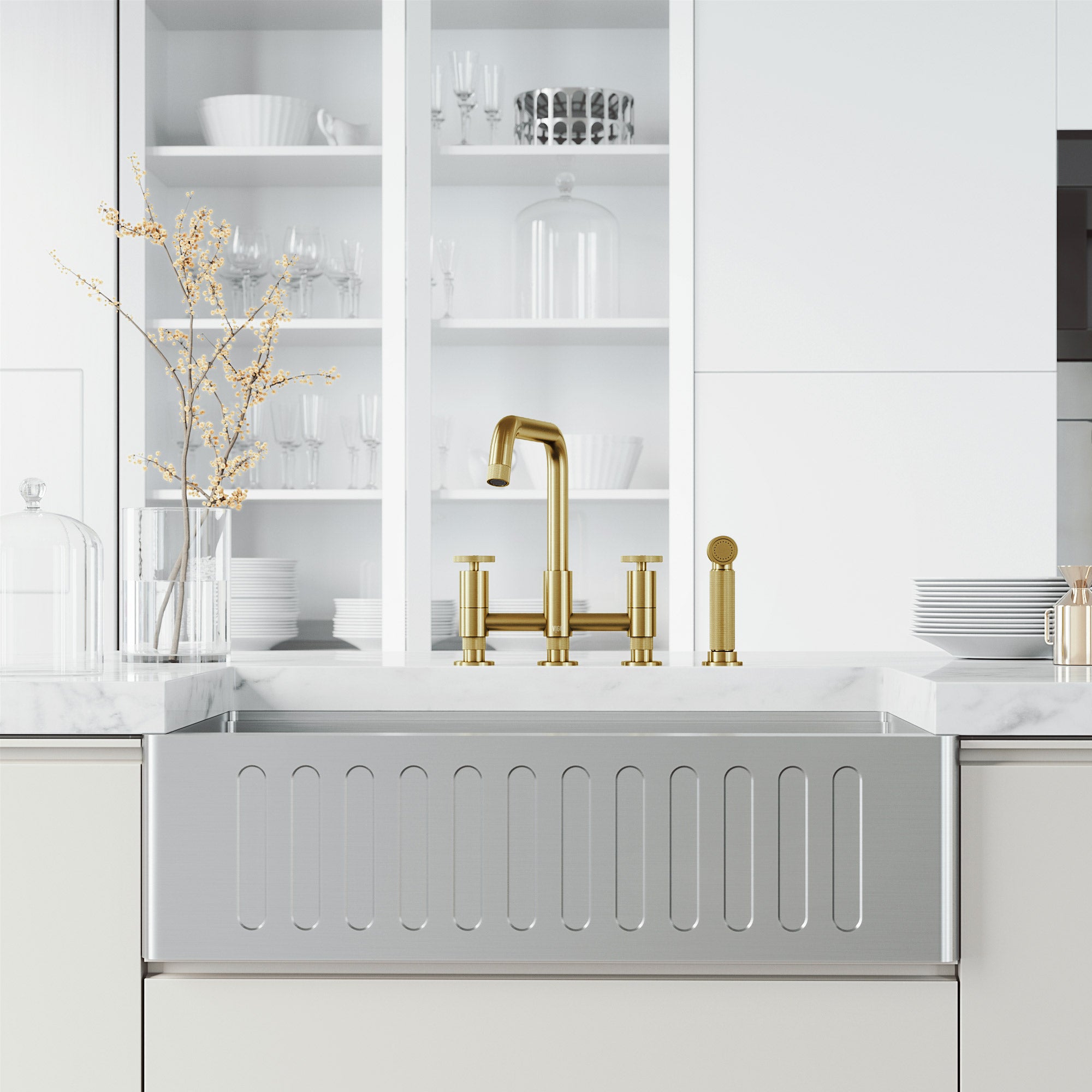 VIGO Cass 12" H 2-Handle Widespread Bridge Pull-Out Sprayer Kitchen Faucet, Matte Brushed Gold