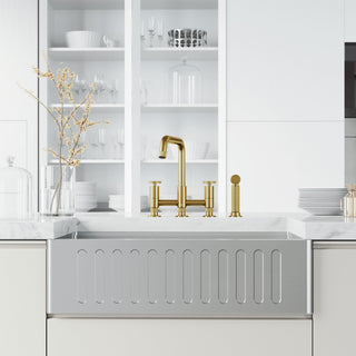 VIGO Cass 12" H 2-Handle Widespread Bridge Pull-Out Sprayer Kitchen Faucet, Matte Brushed Gold