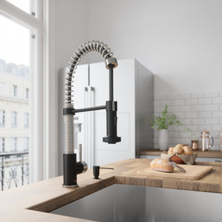 VIGO Edison 19" H Single Handle Pull-Down Sprayer Kitchen Faucet, Stainless Steel/Matte Black, No Sensor, With Soap Dispenser