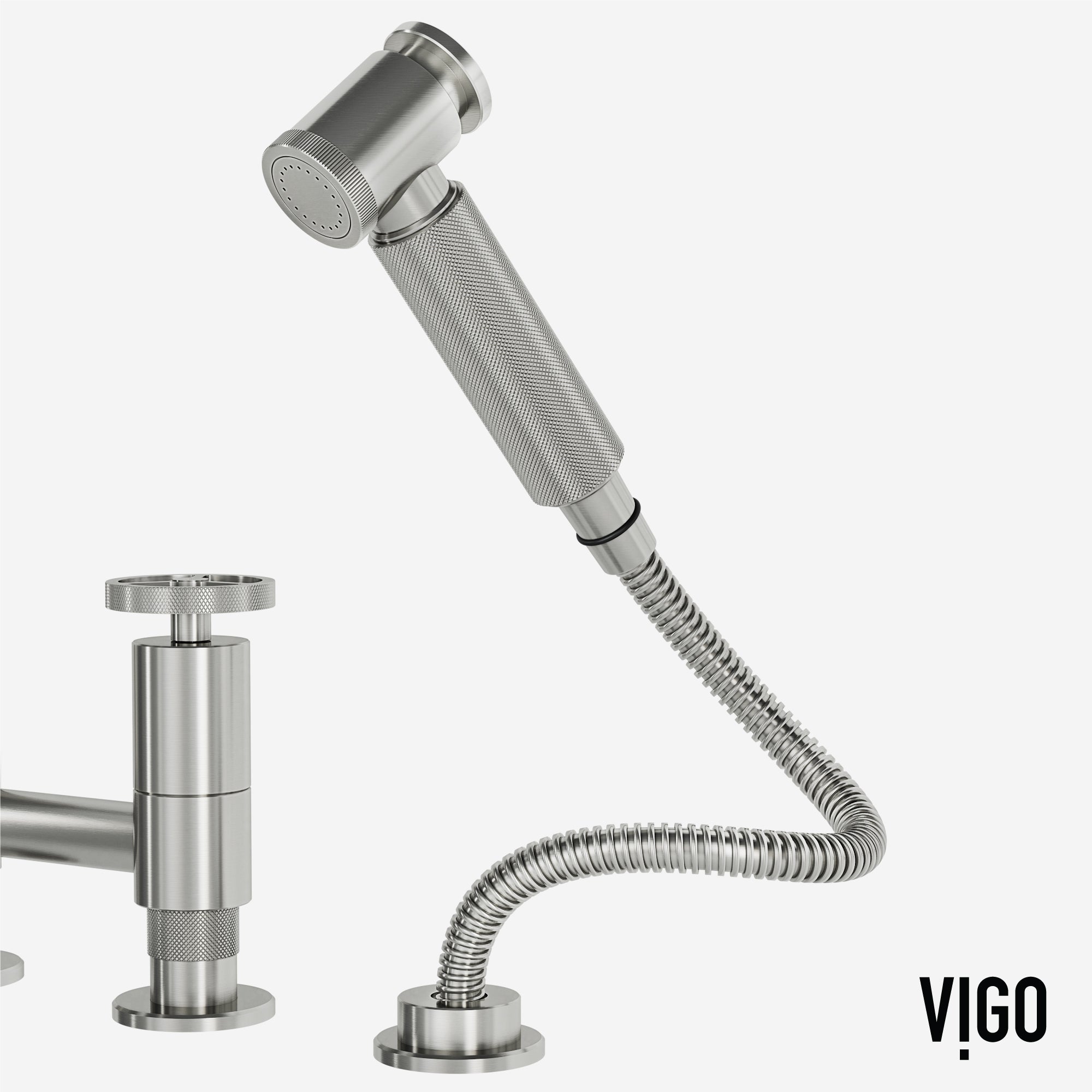 VIGO Cass 12" H 2-Handle Widespread Bridge Pull-Out Sprayer Kitchen Faucet, Stainless Steel