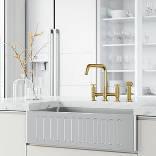VIGO Cass 12" H 2-Handle Widespread Bridge Pull-Out Sprayer Kitchen Faucet, Matte Brushed Gold