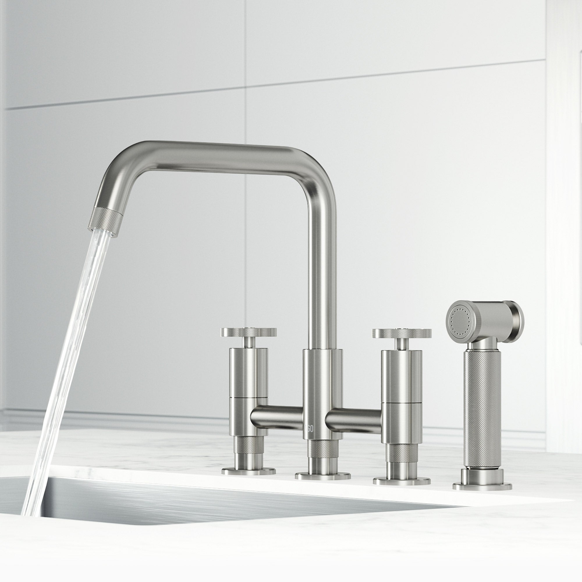 VIGO Cass 12" H 2-Handle Widespread Bridge Pull-Out Sprayer Kitchen Faucet, Stainless Steel