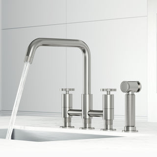 VIGO Cass 12" H 2-Handle Widespread Bridge Pull-Out Sprayer Kitchen Faucet, Stainless Steel